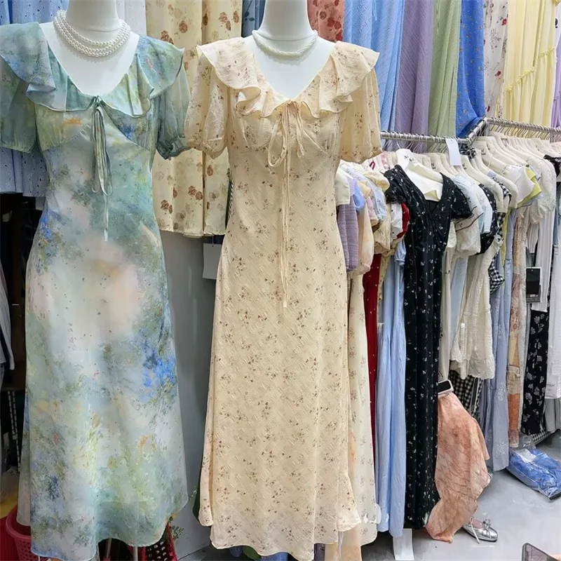 Summer 2025 Korean Sle Floral Print Maxi Dr with Belt Slimming Design Gathers Sensation Long Skirt with Ruffle Hemline