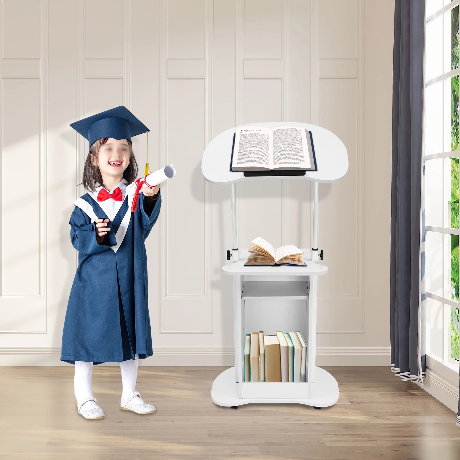 

85-115 см, регулируемая по высоте лекция для церковного класса, белая многофункциональная стоячая тележка для ноутбука с противоскользящей планкой и слотом для ручек