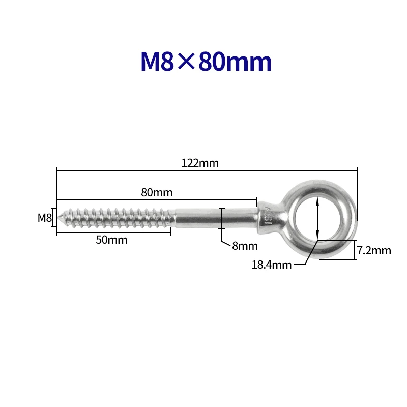 Tornillos con forma de ojo M8X80, gancho redondo de acero inoxidable, anillo de extremo de madera, ganchos de ojal, accesorios de Hardware autorroscantes, 6/10 Uds.