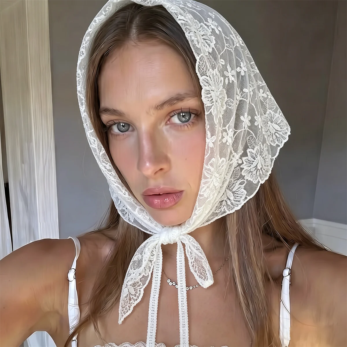 Lightweight Cotton Floral Triangle Bandana Delicate Flower Lace Design Soft Breathable Casual Women Head And Neck Scarf