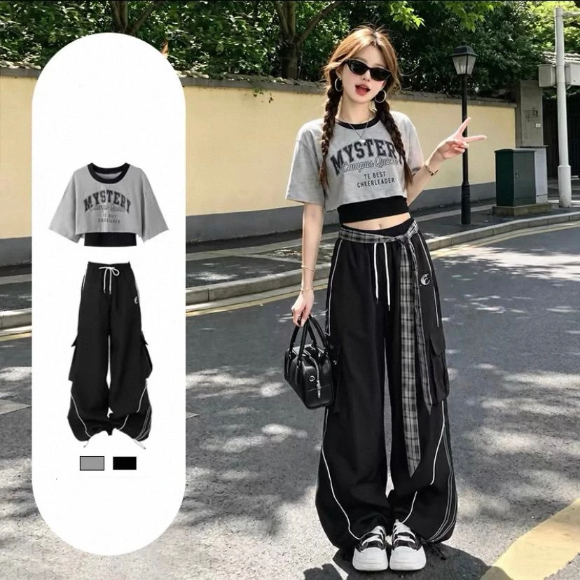 

Women's Summer Korean Cool Short T-Shirt Sling Cargo Pants 1 or 3 Piece Set Lady Fashion Letter Short Sleeve Tops Trousers Suits