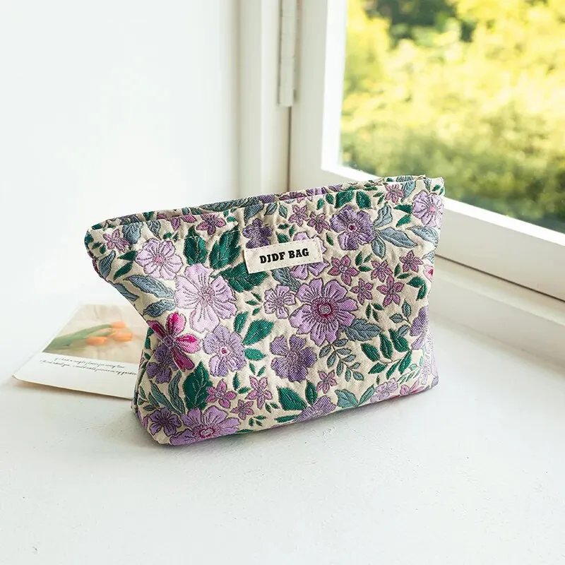 Borsa cosmetica da donna viola fiori retrò borsa da viaggio per rossetto cosmetico di grande capacità borsa da toilette da viaggio borsa di stoffa