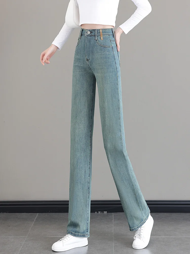 

Женские джинсы с высокой талией и широкими штанинами, весенне-осенние, свободные повседневные брюки, утягивающие, зауженные, прямые, в пол