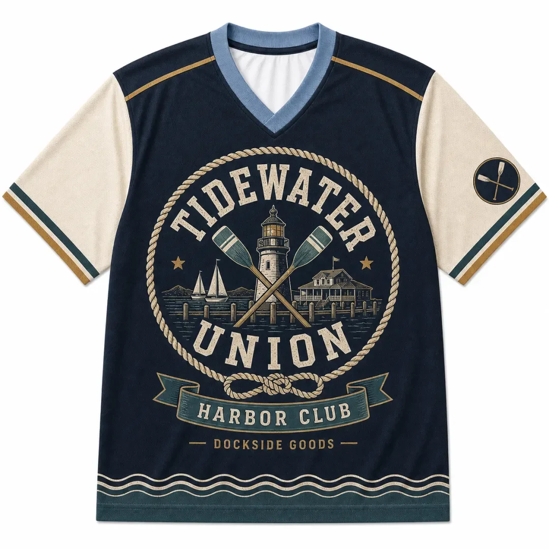 Retro Maritime Style Waterfront Alliance Lighthouse Paddle Sailboat Pattern V-neck Breathable Mesh Ocean Street Style T-shirt,