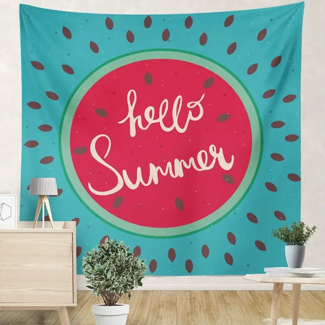 Hello Summer Tapestry Starfish Beach Surfboard Tapestry Cartoon Style Printing Wall Hanging Decor for Bedroom Living Room Dorm