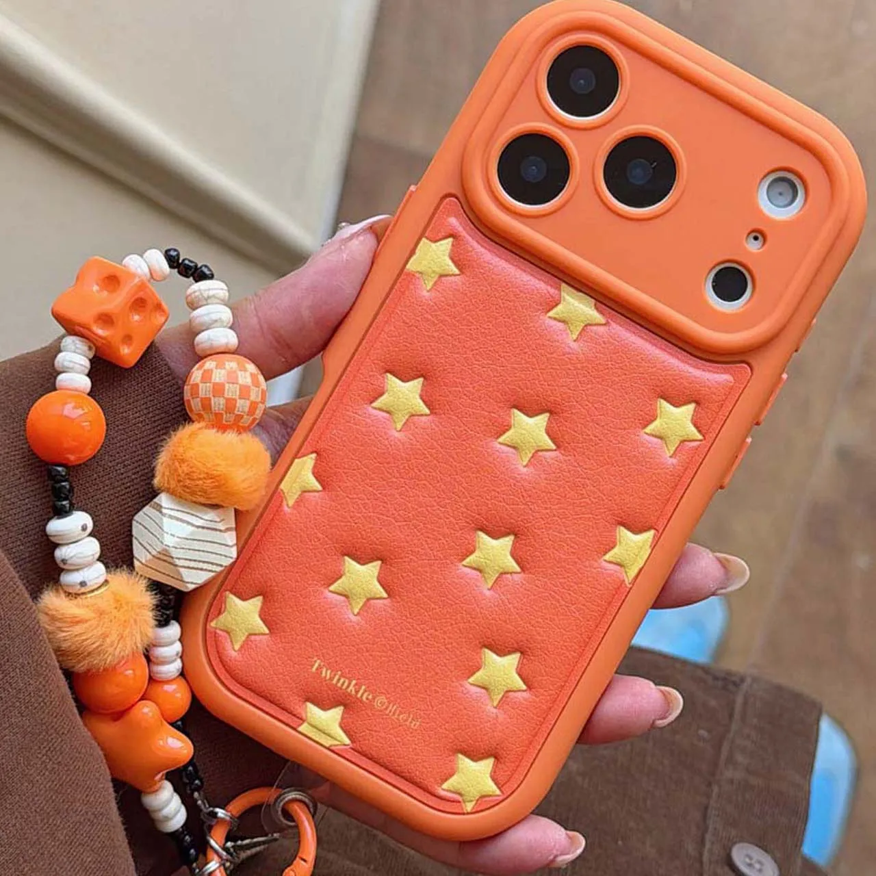 Orange stars leather back cover cute bracelet cartoon phone case for iphone 13 14 promax 15 16 pro max 17promax cover