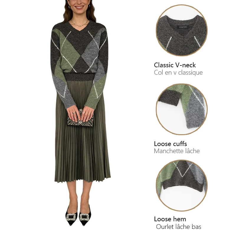 เสื้อสเวตเตอร์ถักลายควิลท์สีสันตัดกันสำหรับผู้หญิง คอกลม แขนยาว แต่งเส้นสีขาว เหมาะสำหรับใส่ทำงานหรือใส่ในชีวิตประจำวัน เสื้อผ้าผู้หญิง