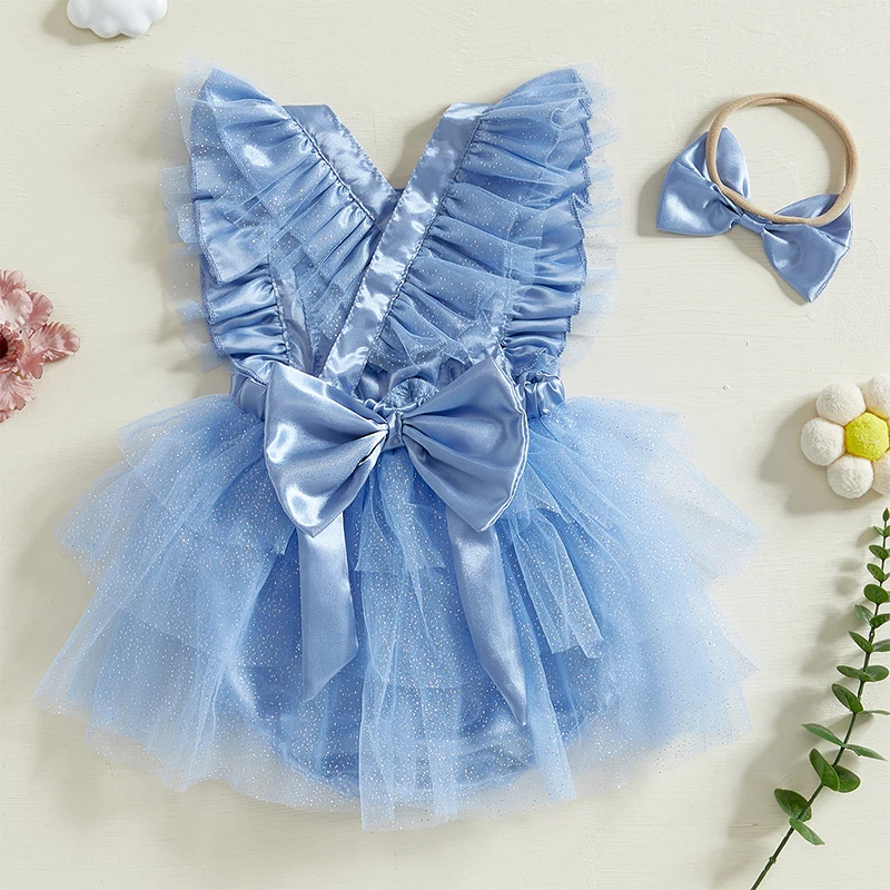 Baby Girls Romper Dress Casual Mesh Patchwork Cute Bow Fly Sleeves Jumpsuit and Headband Set Fashion Clothes Outfits