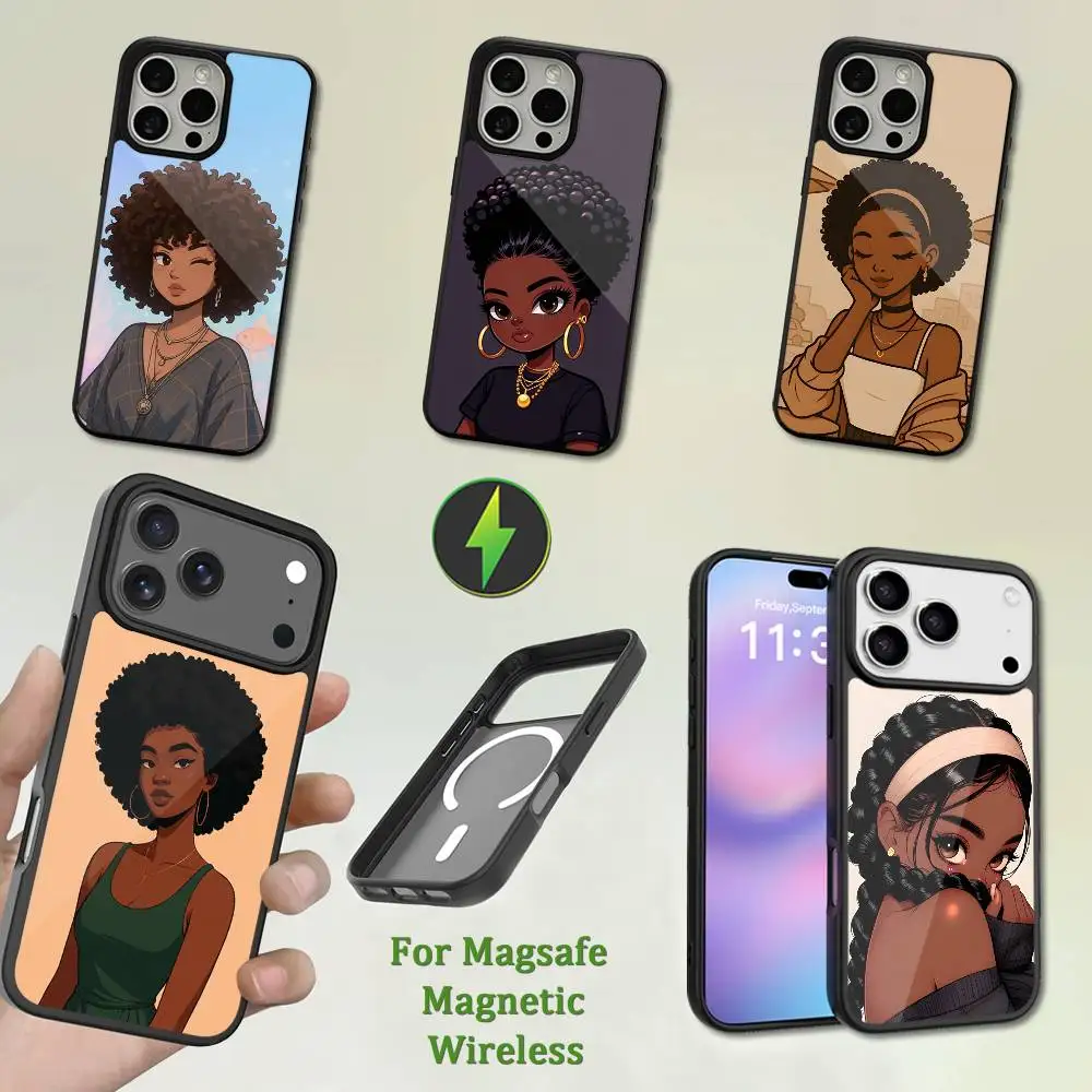 

Cartoon Afro Black Girls Phone Case For iPhone 13,12,11,16,15,17,14,Pro,Max,Plus,Mini,Magsafe,Magnetic Wireless Charging