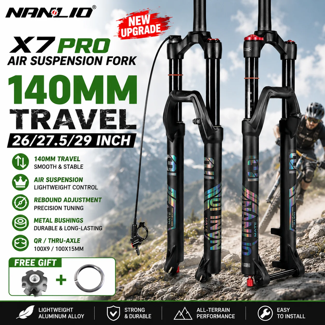 

NANLIO X7 PRO Air Suspension MTB Fork 26 27.5 29 Inch 140mm Travel Rebound Adjust Metal Bushings QR Thru Axle 100x9 100x15