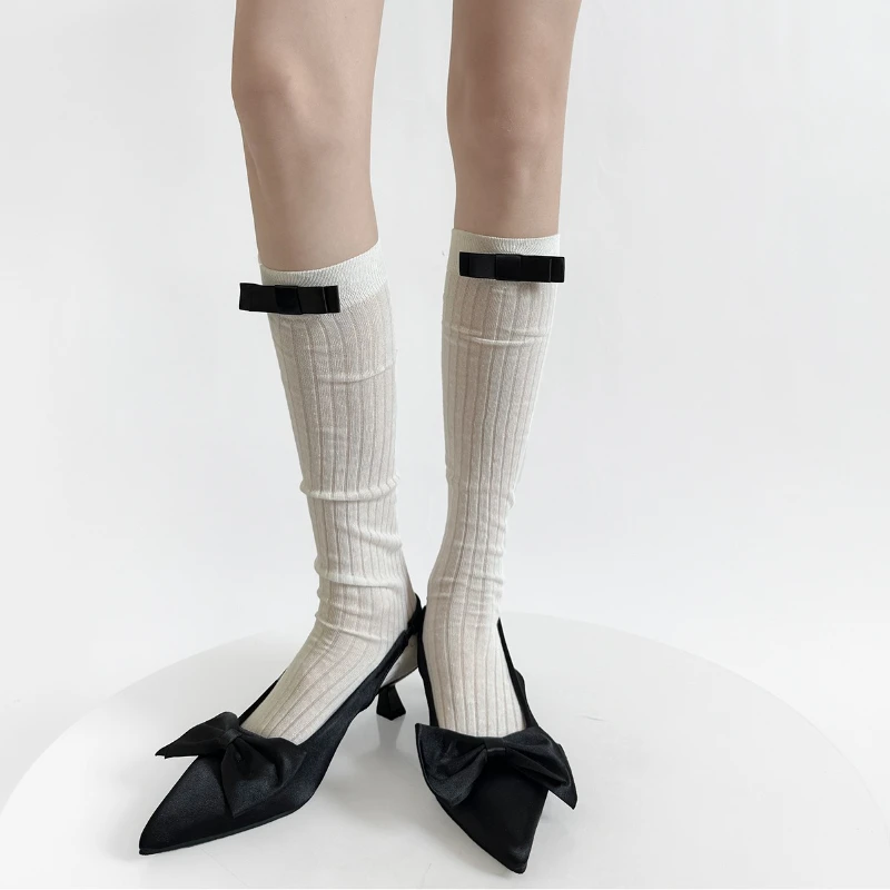 Ballet Style Cotton Thin Women Stockings JK Girls Solid Color Long Socks Stockings Lolita Kawaii Bow Cute Knee Socks Stockings