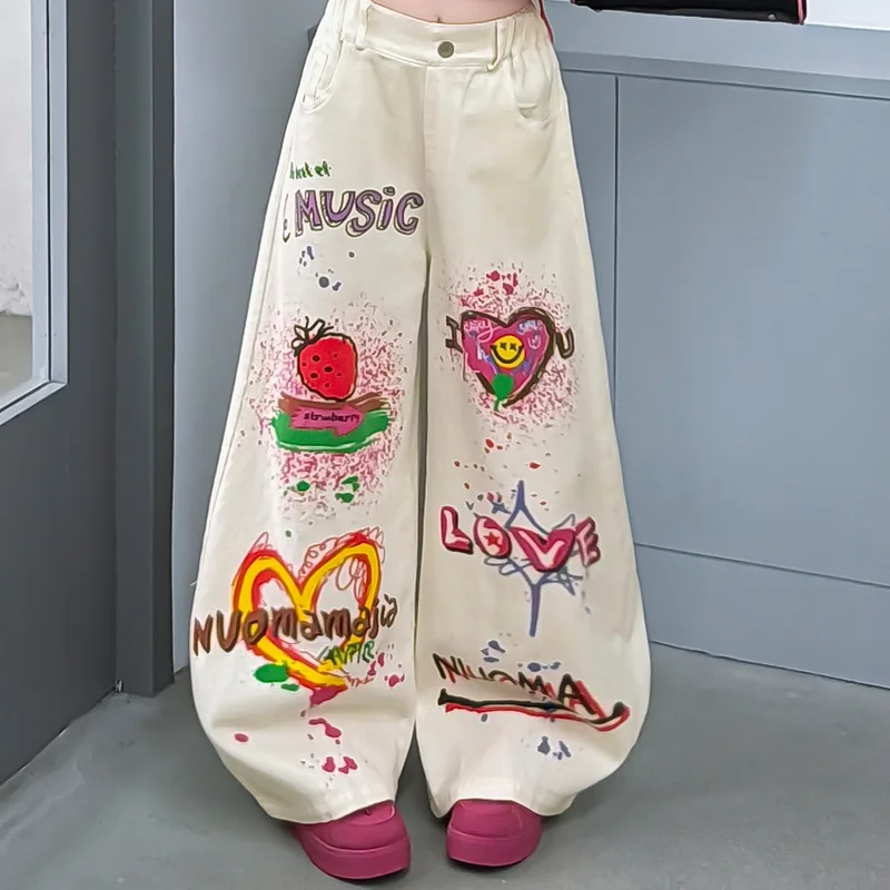 Summer Girls Wide Leg Chic Grunge Harajuku Graffiti Graphic Baggy Jeans Japanese Low Rise Y2K Streetwear White Denim Pants 4-14Y