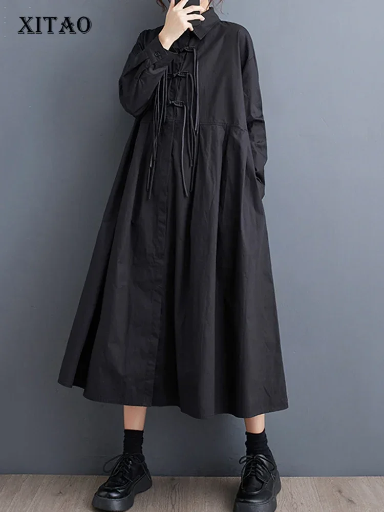 XITAO Loose Casual Dress Full Sleeve Turn Down Collar Single Breasted Solid Color Simplicity Spring Women New Dress DMJ2908