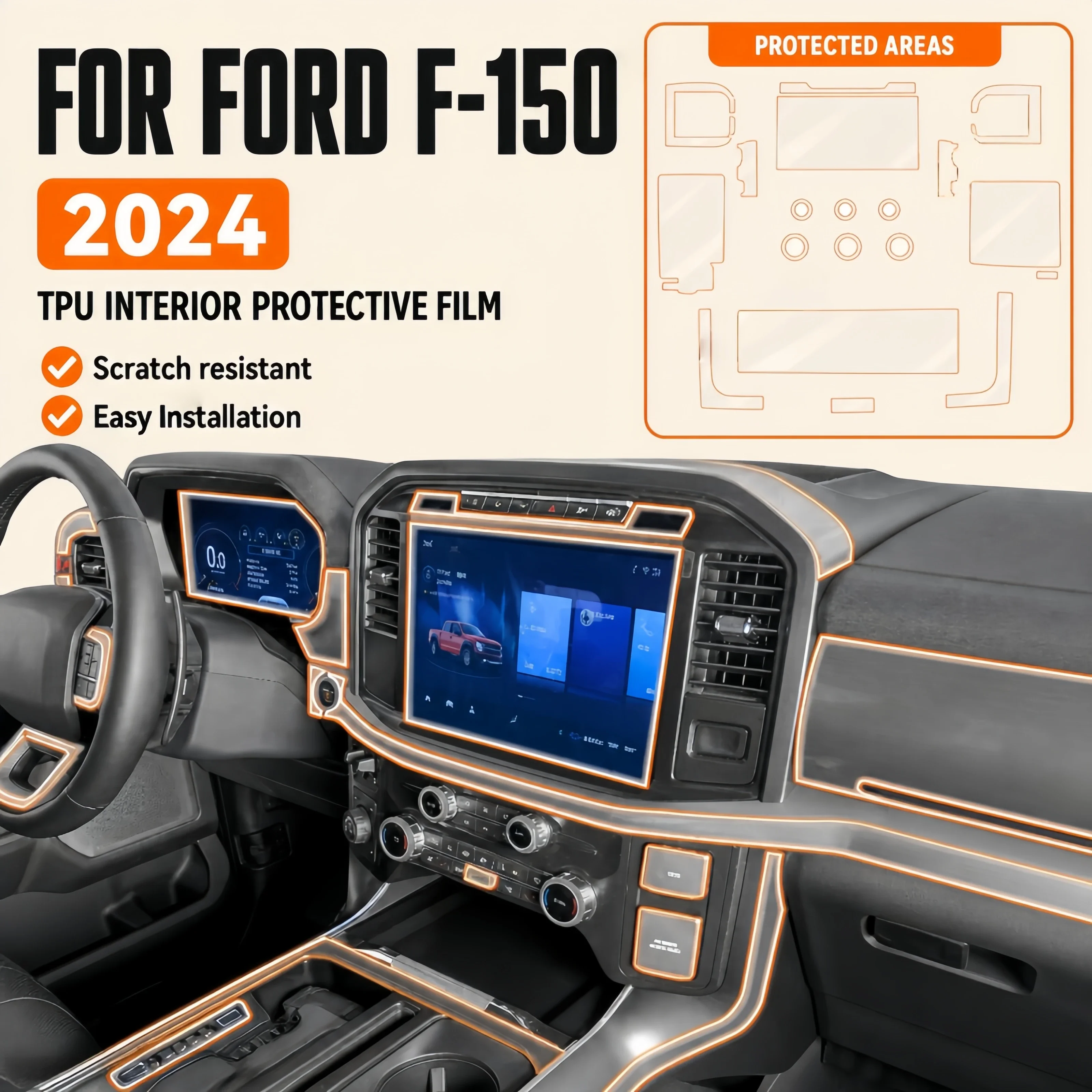 For Ford F-150 2024 Transparent TPU Interior Protective Film Dashboard Anti-Scratch Accessories