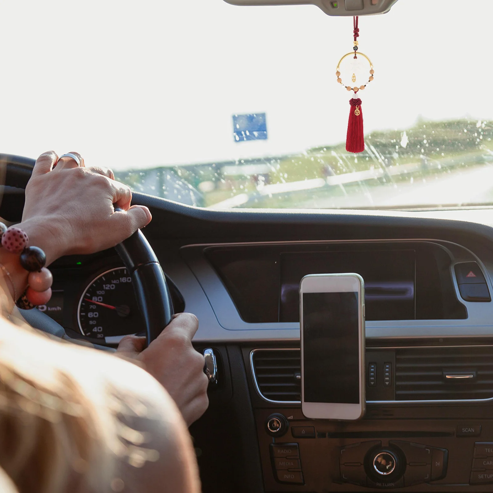 

Durable Chinese Knot Tassel Lotus Flower Pendant Auto Rearview Mirror Hanging Decoration Car Interior Accessories Good Luck