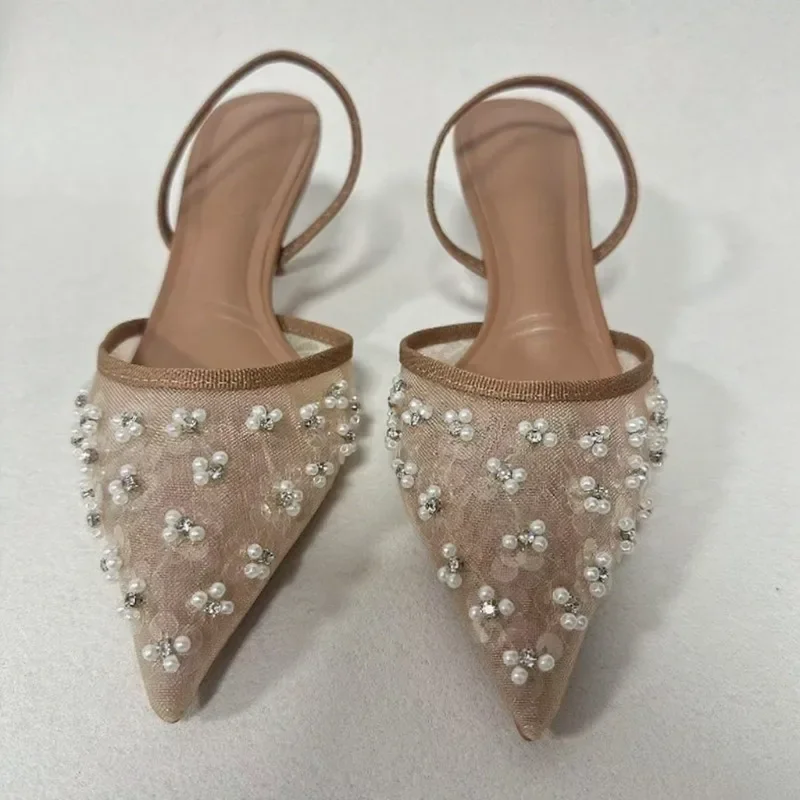 

White String Bead Sequins Decorated Mesh Pumps Women Sexy Pointed Fine Heels for Women Elegant Banquet Wedding Designer Shoes