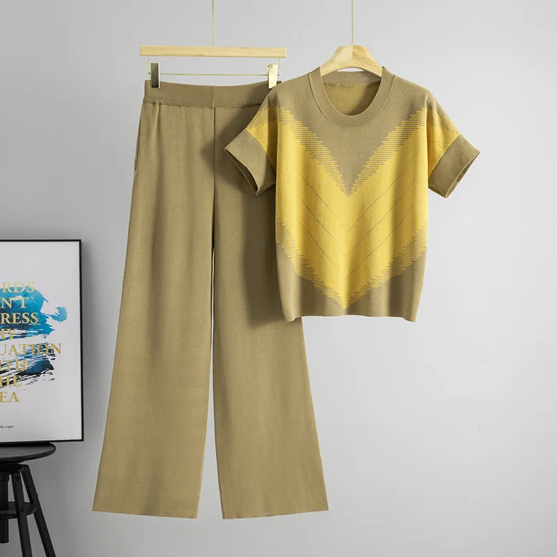 Greenora European Style Sweater Preppy Style Minimalist Old Money Color Block Knit Top Wide Leg Pants Two Piece Set Women Summer