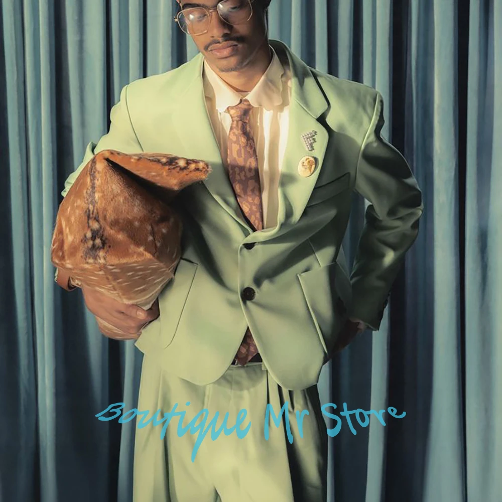 

Мужской светло-зеленый костюм в стиле ретро, однобортный комплект из 2 предметов с лацканами (куртка + брюки), официальный наряд для модных мероприятий