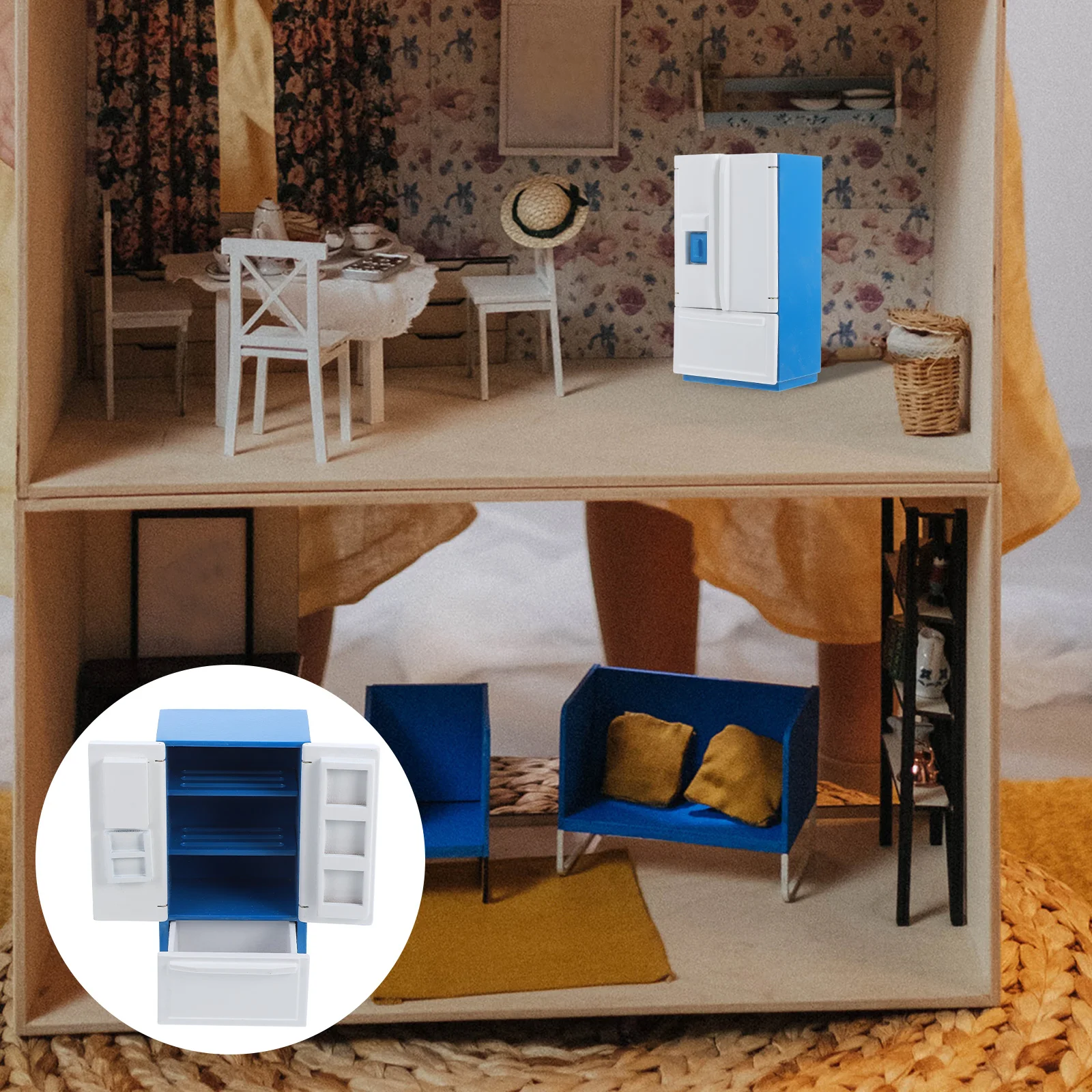 

Refrigerator Children’s Toys 1:12 Dollhouse Miniature Food Model Double Door Blue Fridge for Crafts Miniatures Baby Small White