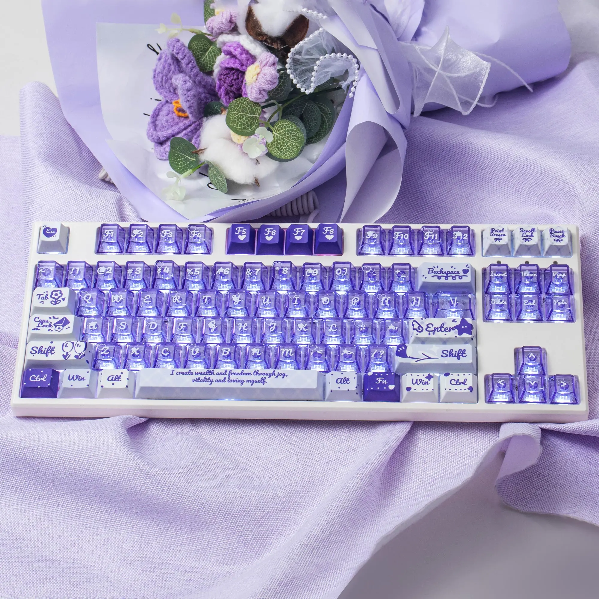 Gradient Purple Keycaps RGB Transparent Cute style PC+PBT Keycaps Cherry Profile Dye-Sub keycaps For MX Mechanical Keyboard