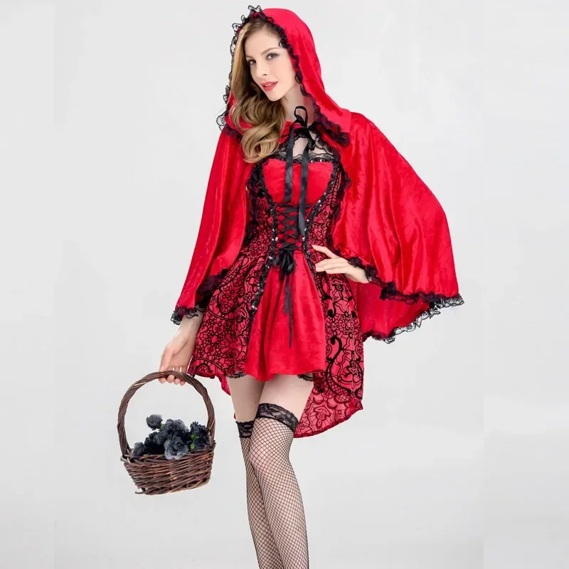 

Adult Women Halloween Costume Little Red Riding Hooded Robe Lady Embroidery Dress Party Cloak Outfit For Girls