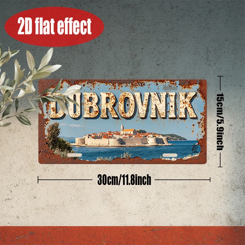 Rustic Finish Aluminum Wall Plaque 2D Flat Dubrovnik Themed Retro Wall Art Sign Poster 11.80in x 5.90in for Home Cafe Man Cave W