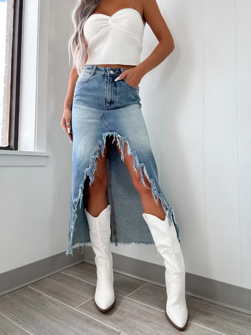 

Streetwear Irregular Denim Skirt Autumn Clothing Women High Waist Tassel Hem Long Skirts Female Fashion Y2K Jean Skirt Bottoms