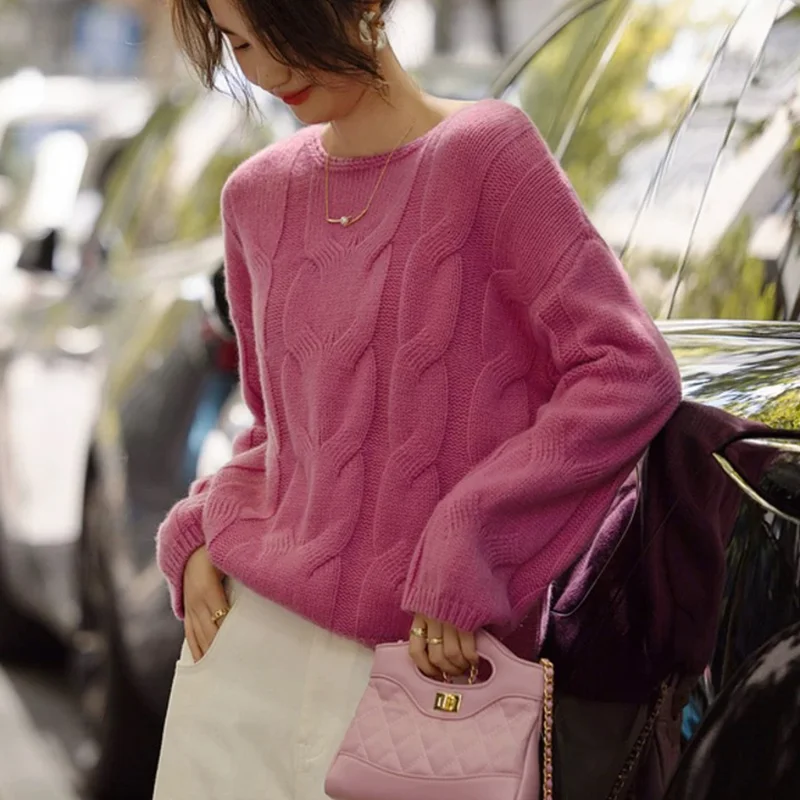 

100% Pure Wool Sweater Women's 2025 Autumn/Winter New Round Neck Knit Pullover Korean Fashion Loose Top Soft Comfortable Sweater