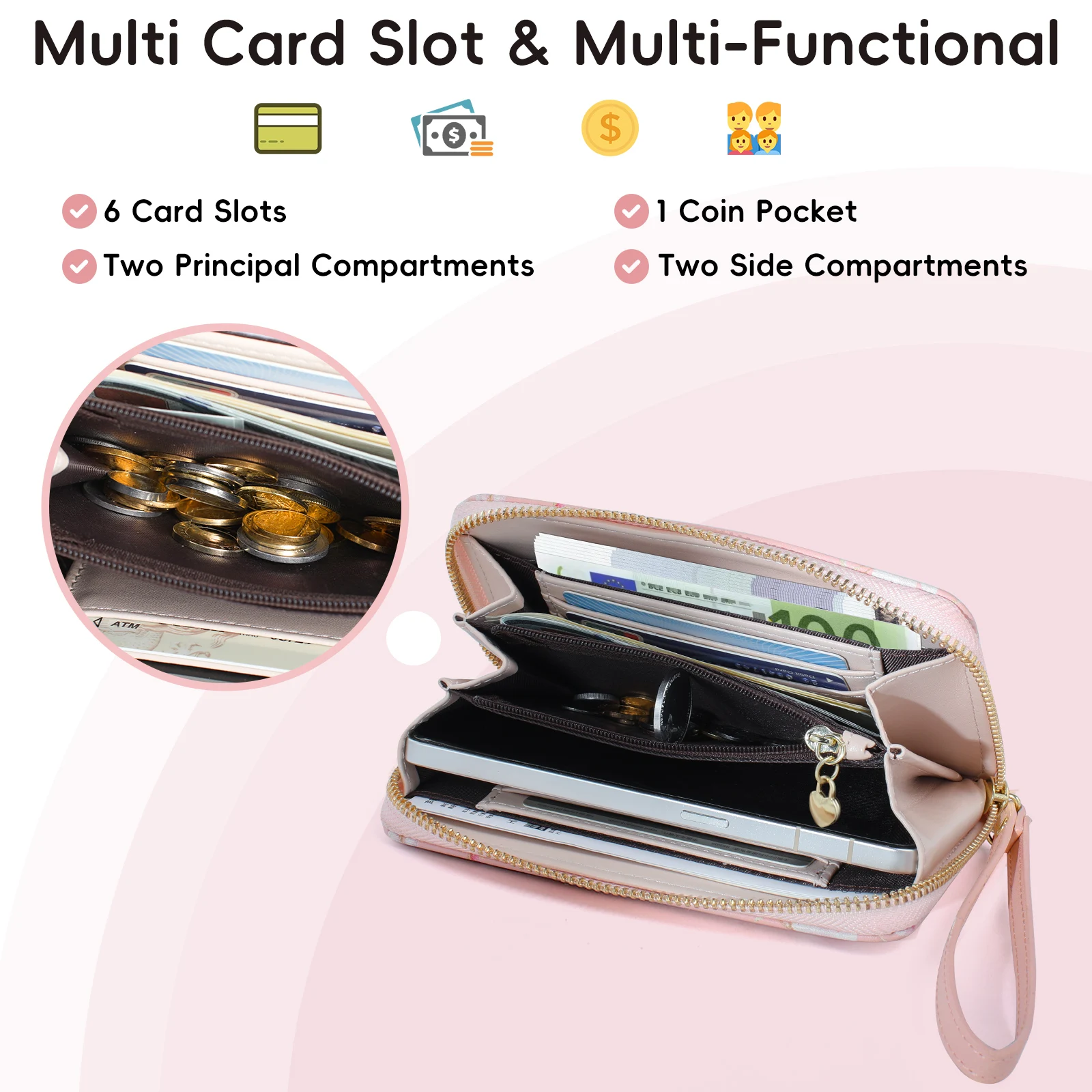 Pomelo Best Women Split Leather Wallet with Zipper Strap Floral Fashion Card Holder Coin Purse Cellphone Bag Female Money Bag