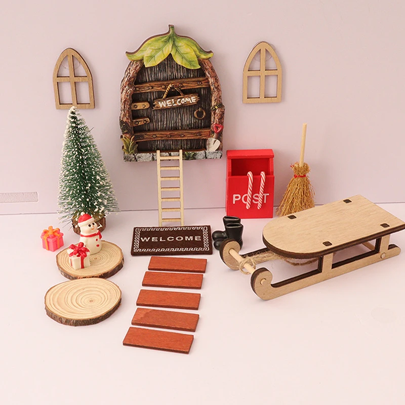 23Pcs/Set Mini Retro Elf Gate Model Christmas Sleigh Pocket Door Ornaments Miniature Scene Xmas Kids Toys DIY Decora