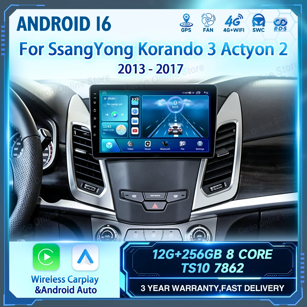 Android For SsangYong Korando 3 Actyon 2 2013 - 2017 Car Radio Stereo Wireless Carplay Multimedia Player GPS QLED Touch Screen