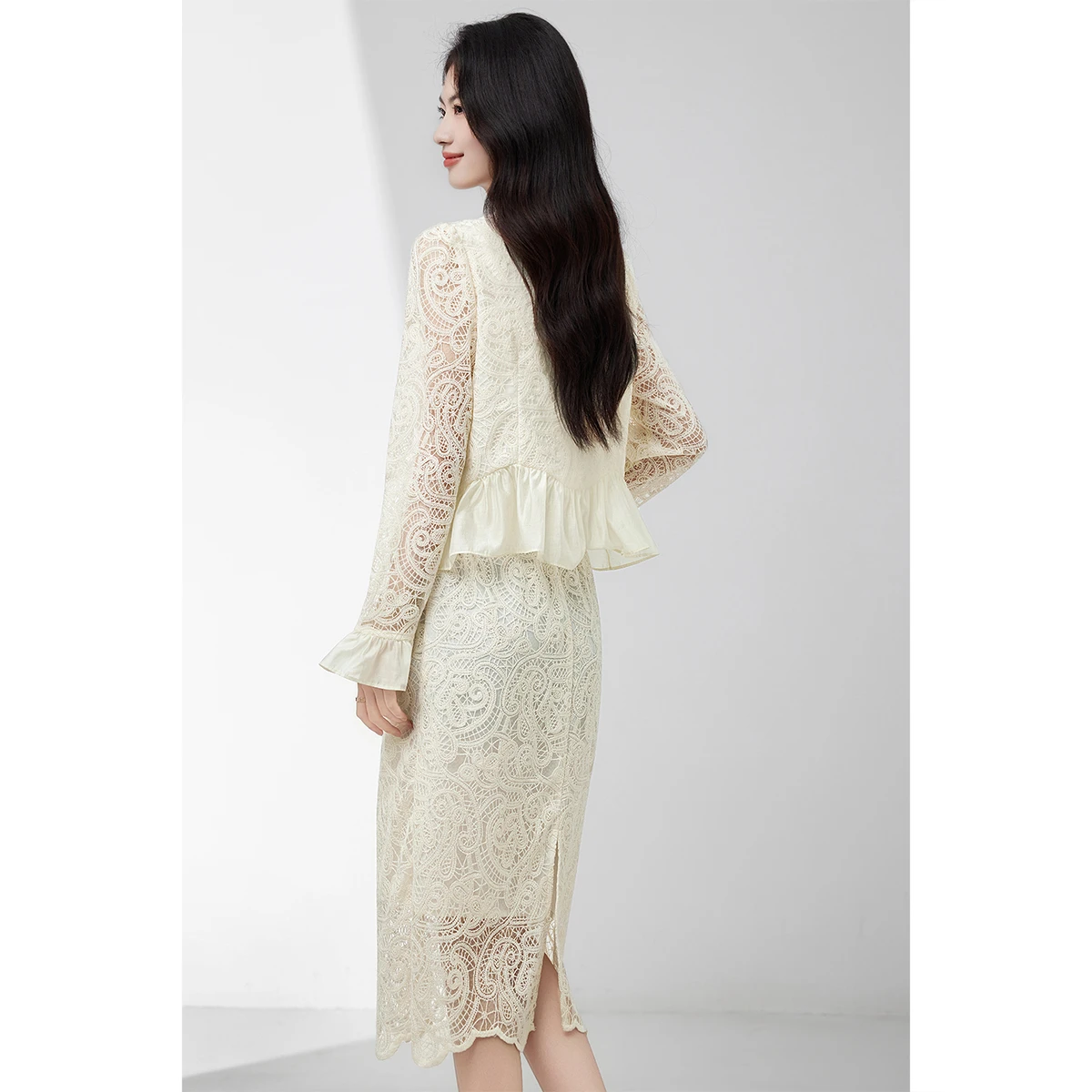 SENTUBILA Women's Elegant Two-Piece Set 2025 Autumn Lace Embroidery Hollow Top &  Ruffle Trim Skirt Versatile Outfit 153ZA2637