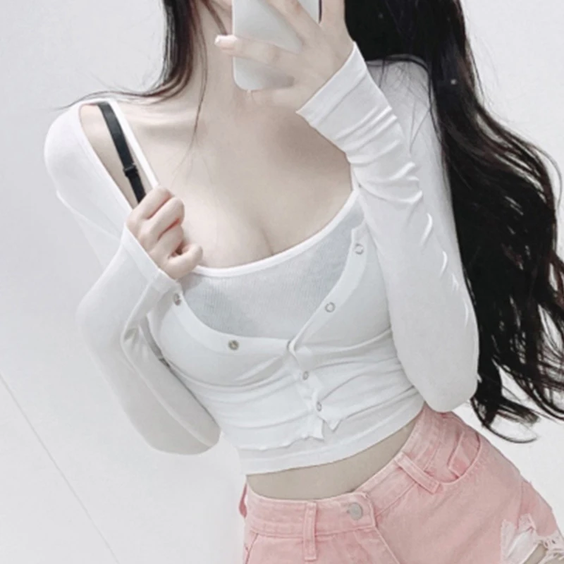 Summer Solid O Neck T Shirts Women Long Sleeve Short Crop Tops + Camis Ladies Casual Tees Female Shirts Two Pieces