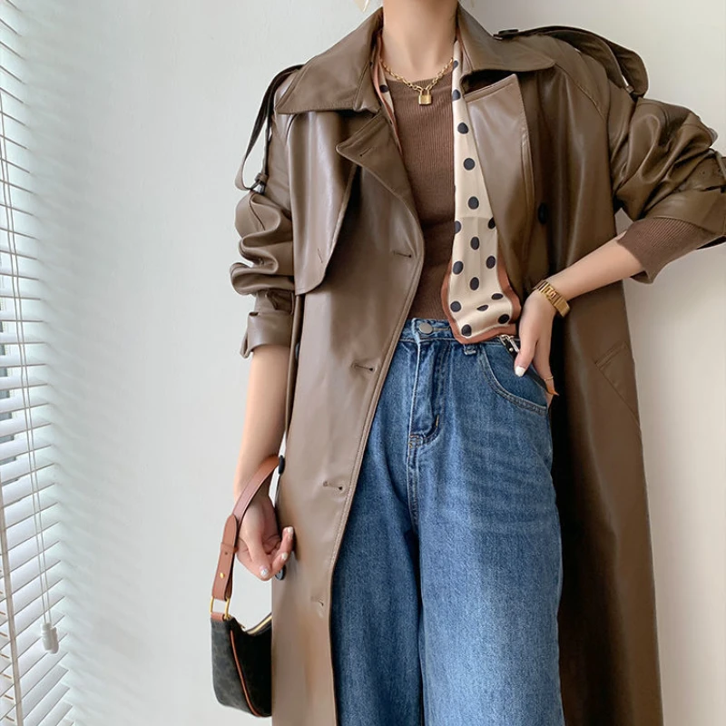 Fashion Autumn Retro Woman Long Wind Cheater Turn-down Collar Belt Mo To Jacket Clothes Button Women\'s Long Street Trench Coat