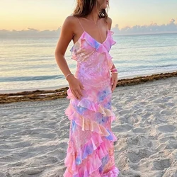 New Sexy V Neck Colorful Ruffle Sling Dress Women Spring Backless Boho Long Dress Summer Sleeveless Beach Holiday Dress Vestidos