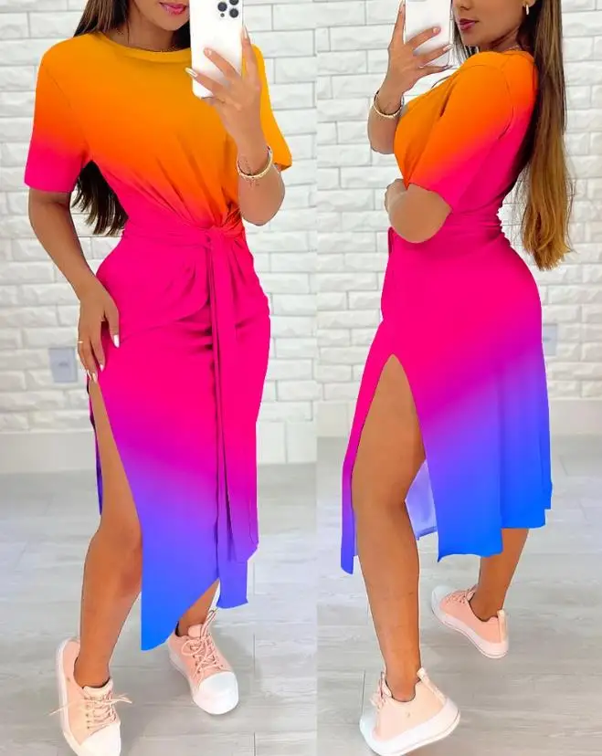 

Women's Dress Casual Daily Gradient Printed Round Neck Short Sleeved Lace Up Details with Waist Cinching and Slim Fit Slit Dress