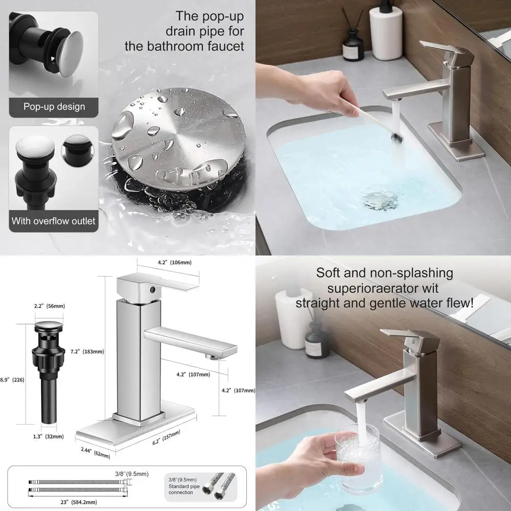 

Single Hole Brushed Nickel Faucet with Pop-Up Drain, Suitable for Vanity Sinks, 1 or 3-Hole Mounting Options