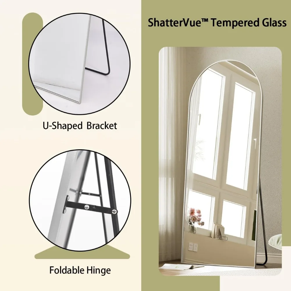 Bodenspiegel in voller Länge mit gewölbter Oberseite und Ständer für Schlafzimmer, Wandspiegel zum Anlehnen oder Aufhängen für die Inneneinrichtung