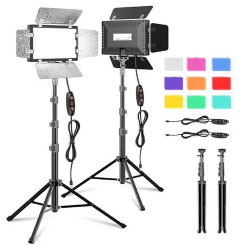 2 Pack LED Video Photography Lighting Kit with 54'' Tripod Stand, Dimmable 5600K USB Studio Lights with Barndoor -9 Color Light