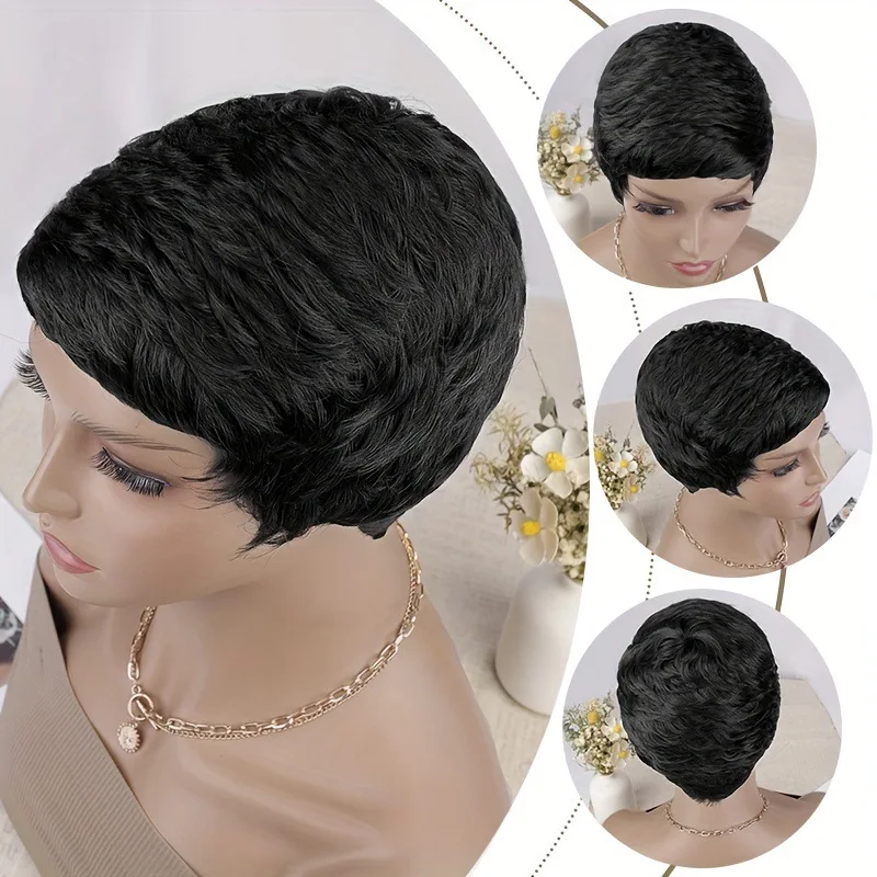 Pelucas sintéticas de corte Pixie corto para mujer, pelucas onduladas en capas, negras, corte Pixie