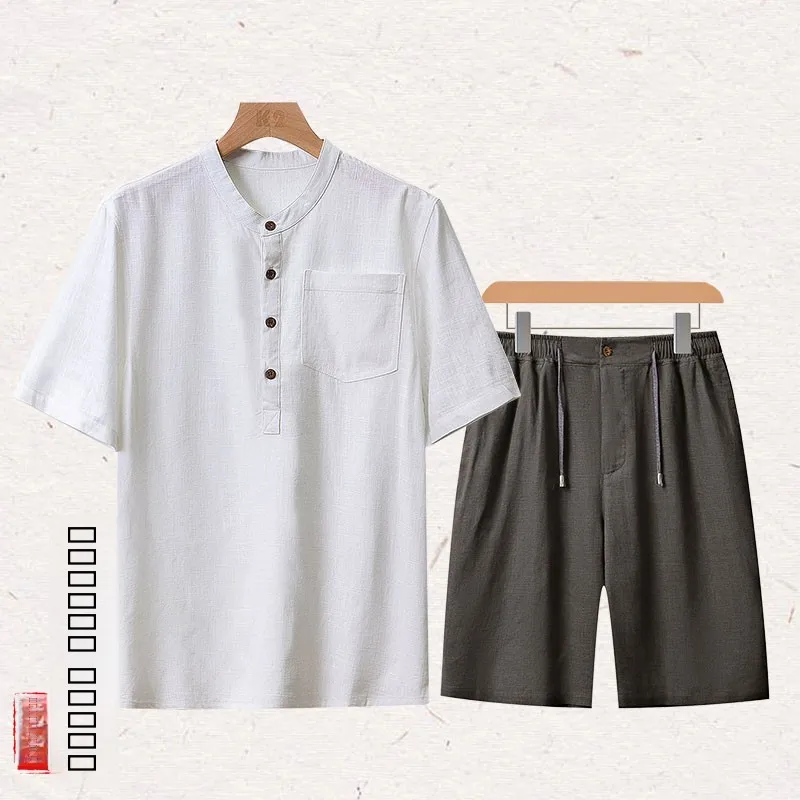 

Linen ort Sve T-irt Set for Men Summer Cotton-Linen Dad Clothes Faion Urban Sle Breathable Lightweight Color