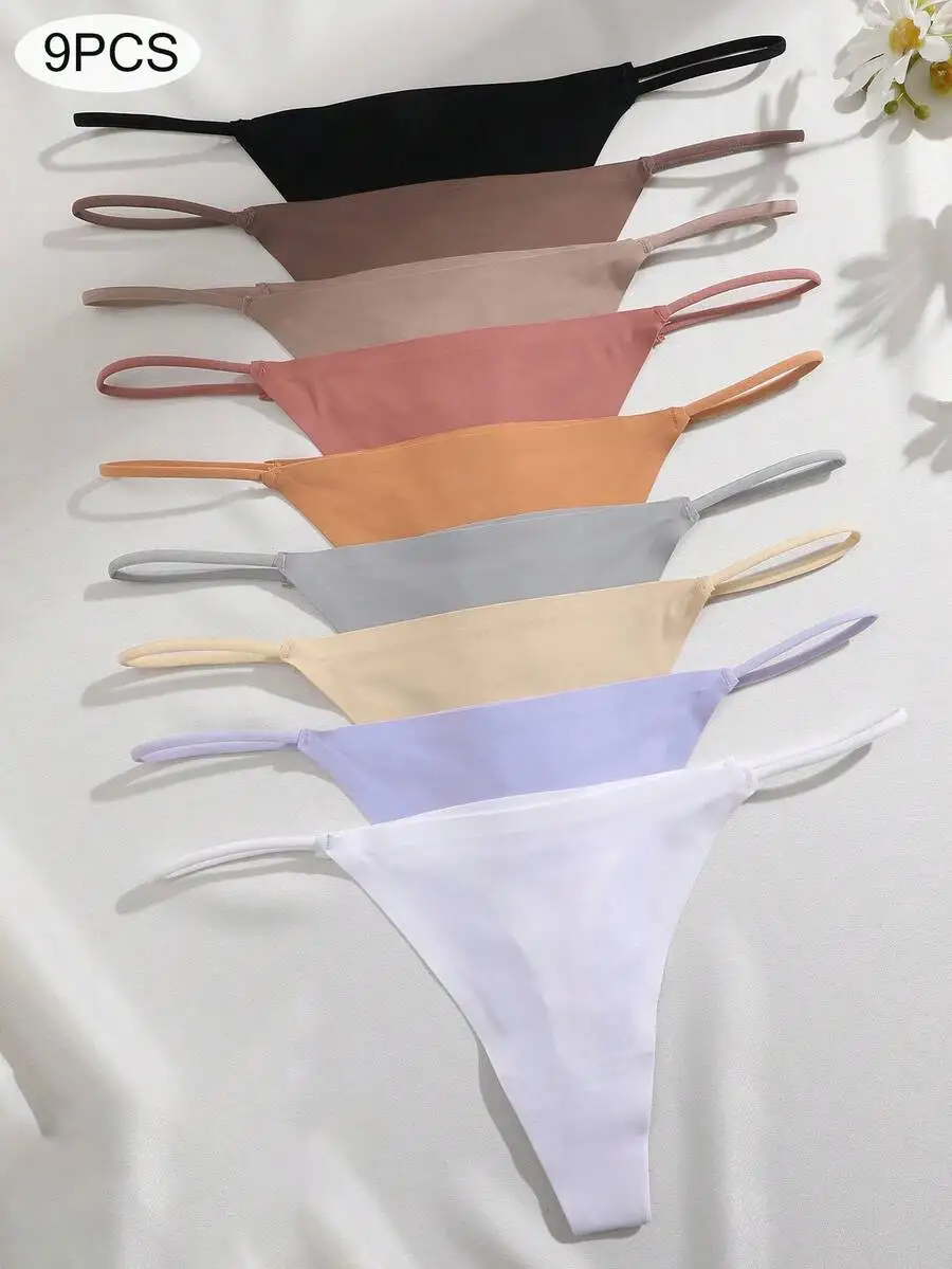 

9pcs Women Low-Rise Seamless G-String Panties Set, Solid Colors, Breathable & Soft Fit