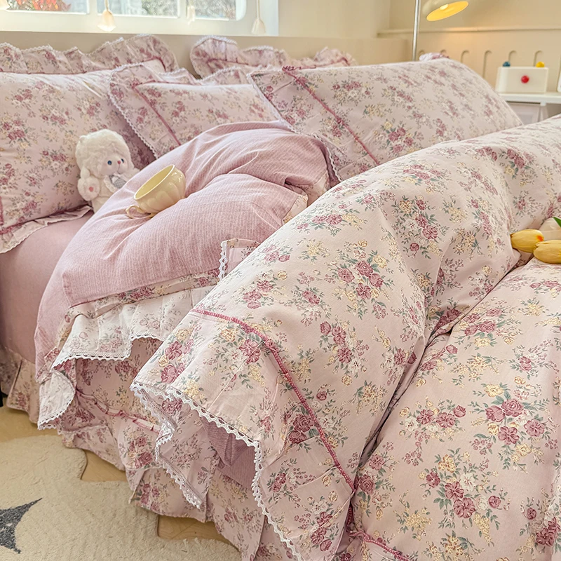 Korean Princess Style Rose Floral Ruffle Bedding Set Single Queen King Size 100% Cotton Duvet Cover Bed Sheet Pillowcases 3/4Pcs