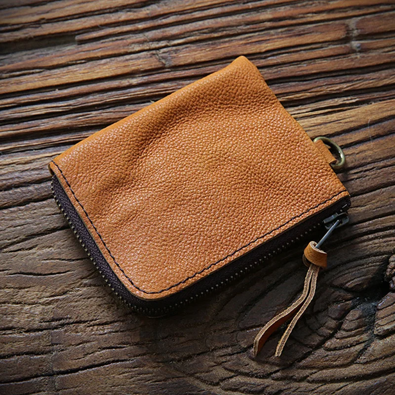 100% Genuine Leather Wallet For Men Women Vintage Handmade Zipper Short Purse Card Holder With Coin Pocket Bag Anti-theft Strap