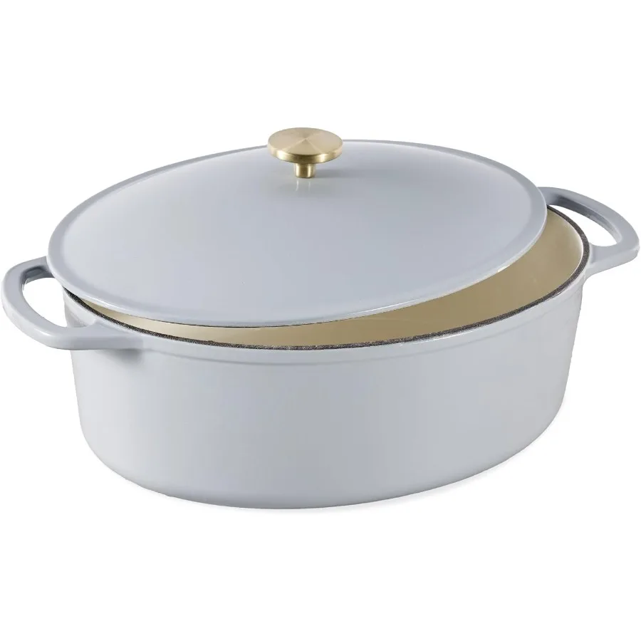 

Oval 7.5 Quart Enamel Cast-Iron Dutch Oven, Heavy-Duty Pre-Seasoned for Baking, Cooking w/Side Handles – French Gray