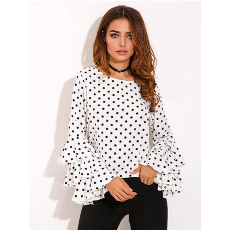 

ABRT-Women's Polka Dot Bell Sleeve Top Plus Size Folded Sleeve Chiffon Shirt Tops