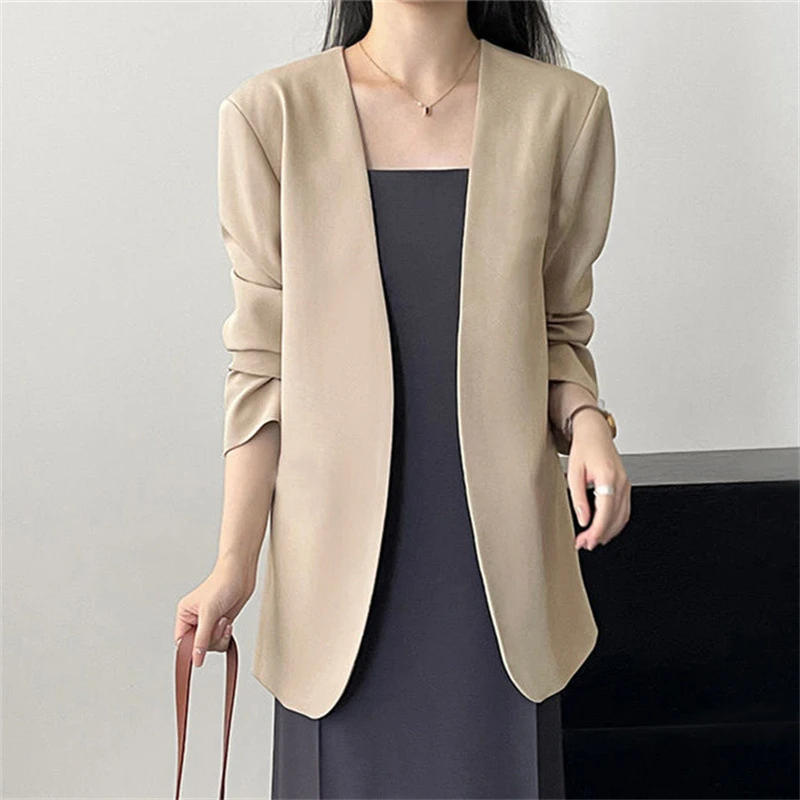 Fashion New Solid Casual Joker Women's Blazer Spring Autumn No Placket Cardigan Suit Jackets V-neck Long Sleeve 19-Color Coats
