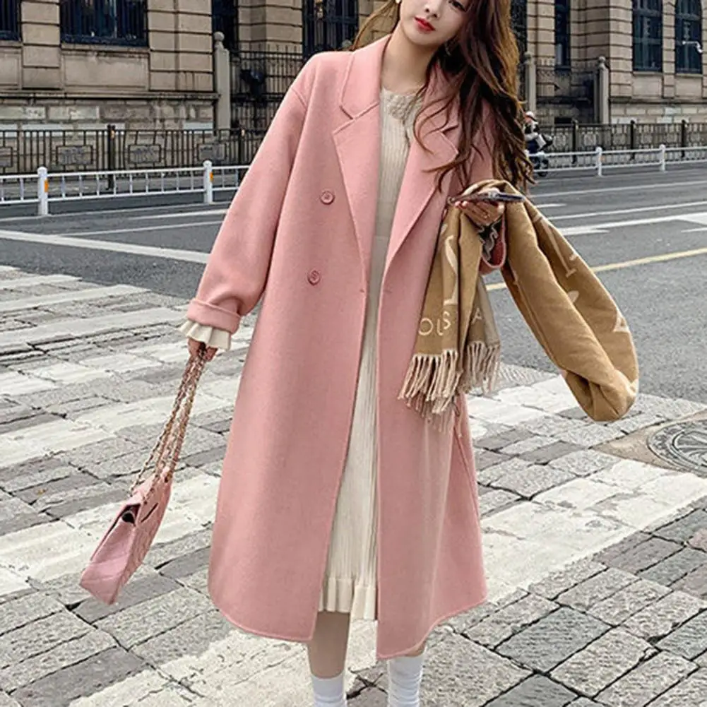 Women Coat Double-Breasted Mid-length Outerwear Lapel Stylish Warm Mid-Length Double Pockets Winter Coat Lady Accessories