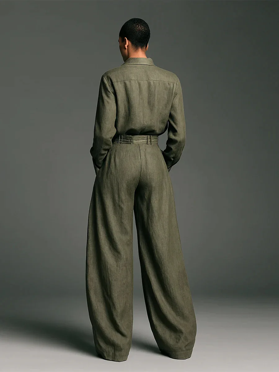 Vintage Women's Two Piece Set Solid Color Loose Long Sleeve Shirt High Waist Trouser 2 Piece Sets Fashion Simple Lady Pants Suit