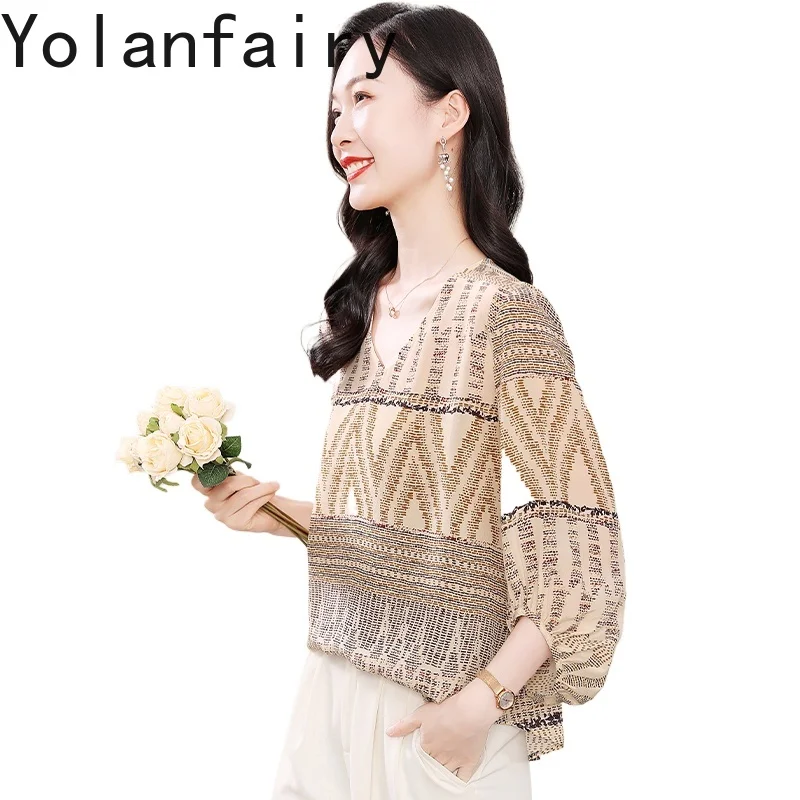 

YOLANFAIRY High-end 100% Natural Mulberry Silk Blouses for Woman Elegant V-neck Printed T Shirts Women's Clothing Blouse Femme